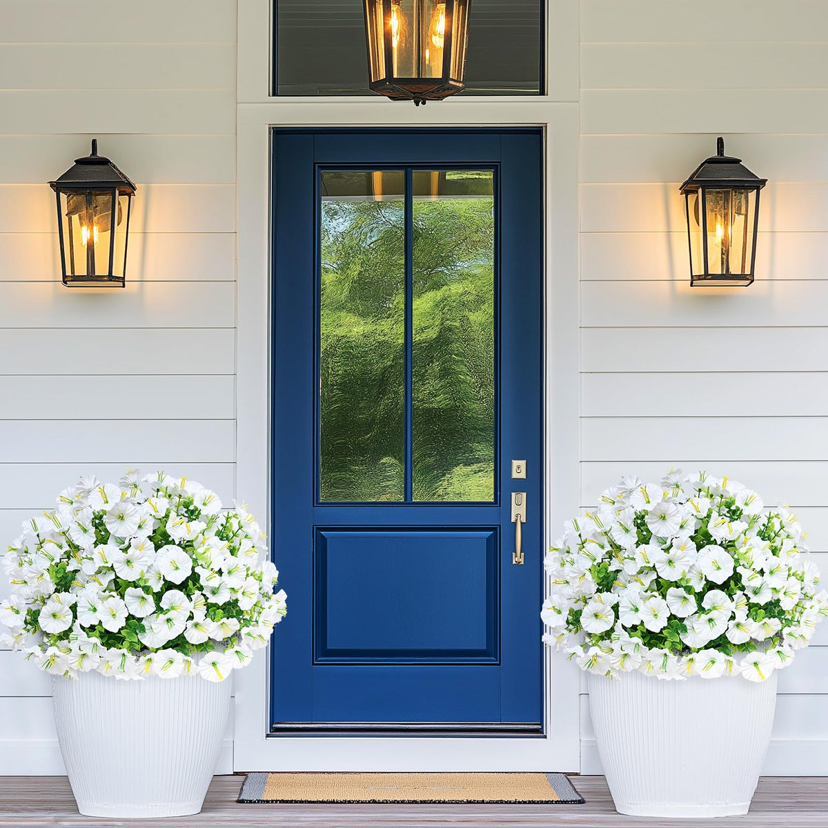Martine Mall garden trellis display, white petunia arrangement for vertical interest.