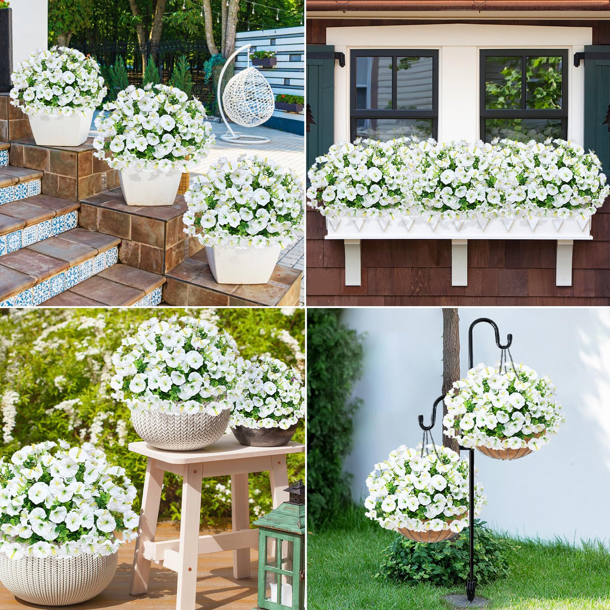 Martine Mall outdoor flower arrangement, white petunia display for curb appeal.