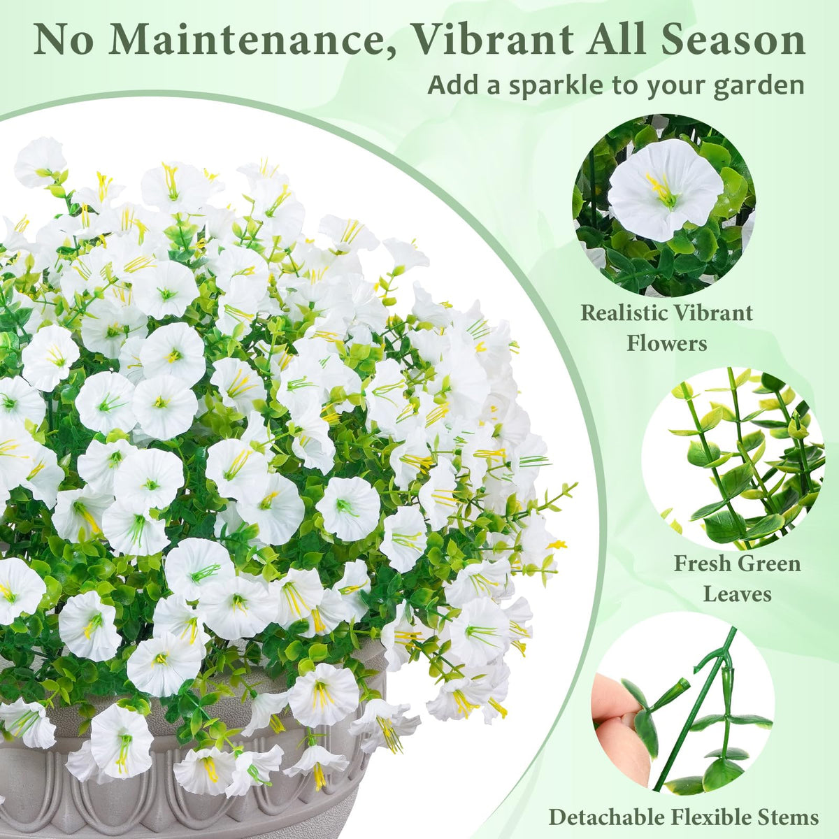 Martine Mall porch planter with white petunia, maintenance-free decor.