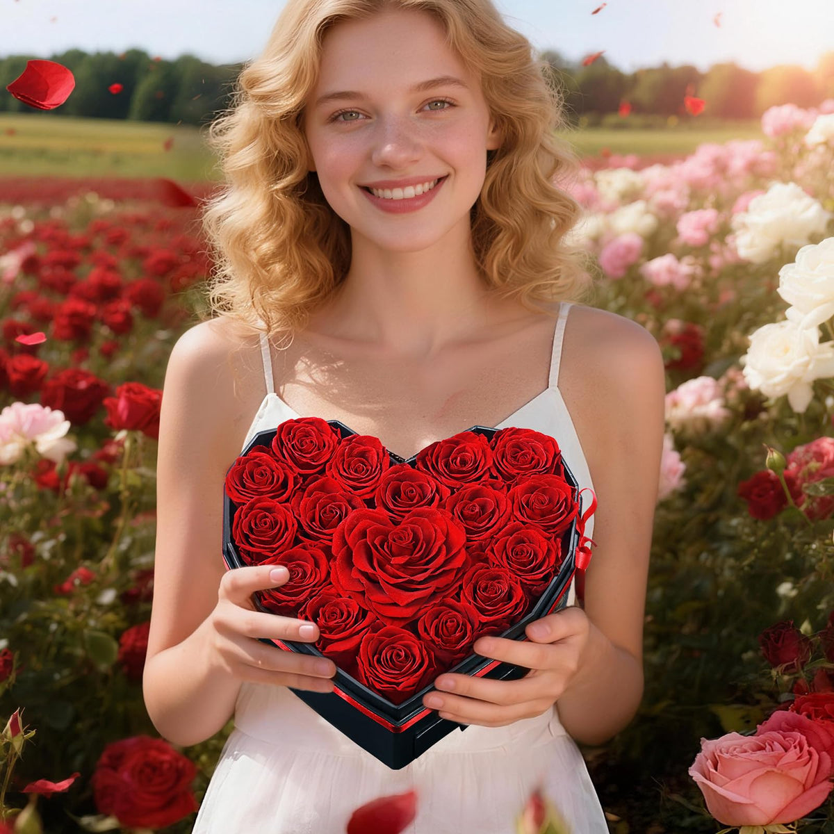 Martine Mall roses in heart box evoke timeless romance for memorable occasions.