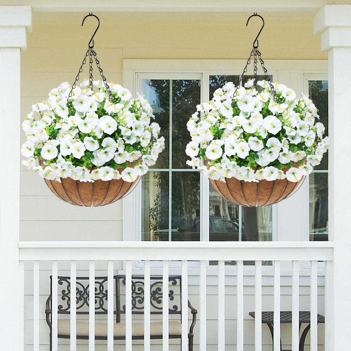 Martine Mall window box display, white petunia flowers for all-season color.