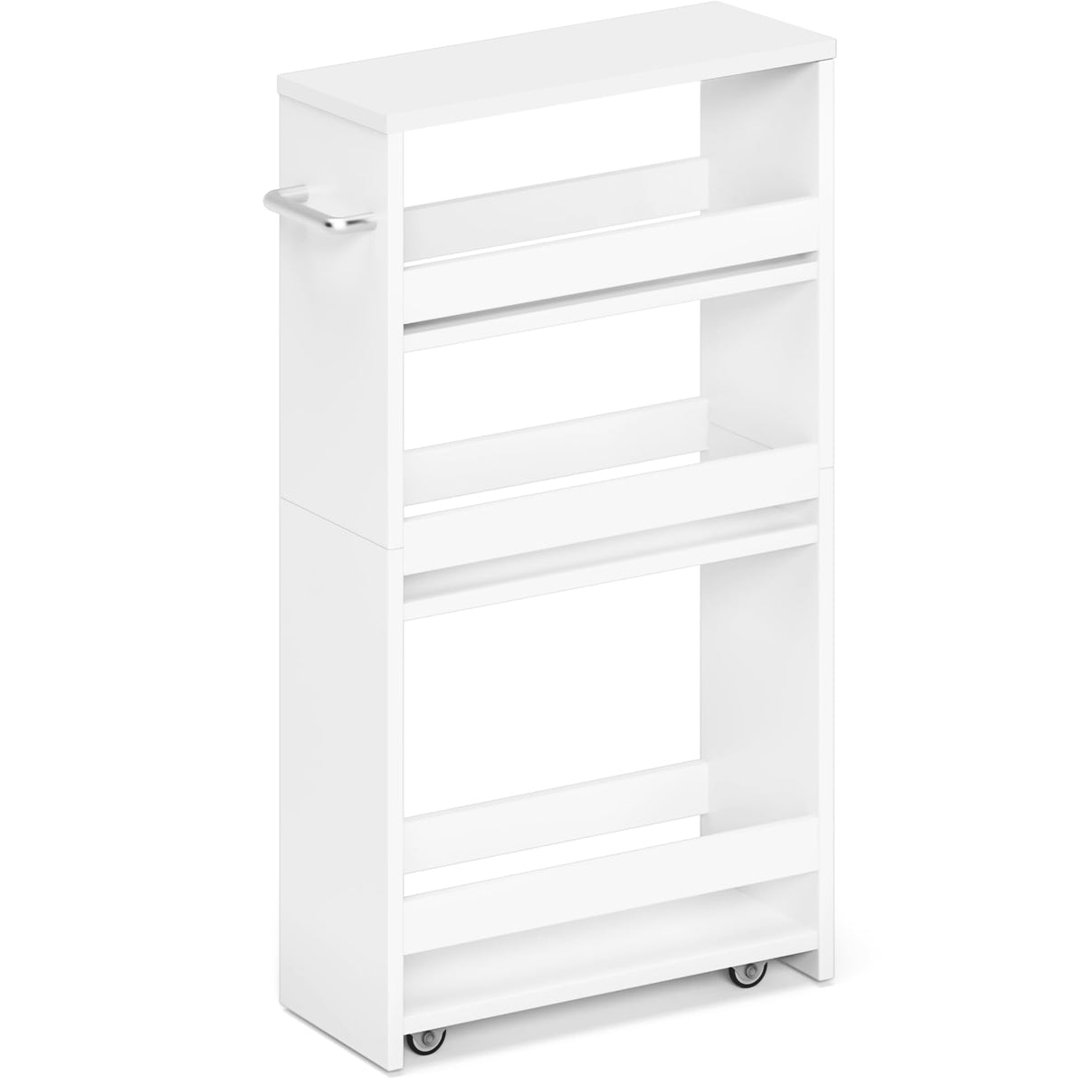 MARTY White Slim Storage Cart with Wheels, front view, ideal for compact spaces.
