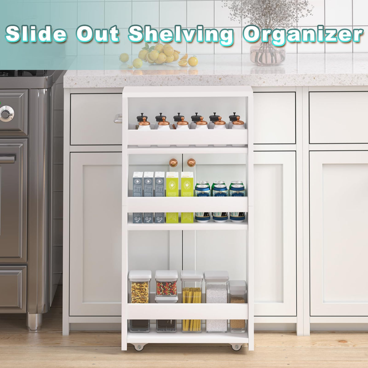 MARTY cart shelves open demonstrate accessible storage on four tiers.