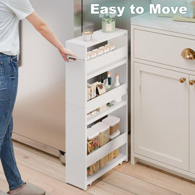 MARTY White Slim Storage Cart, side view, portable solution for tight kitchens.