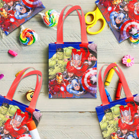 Iron Man, Captain America, and Thor artwork on Avengers totes for party decor