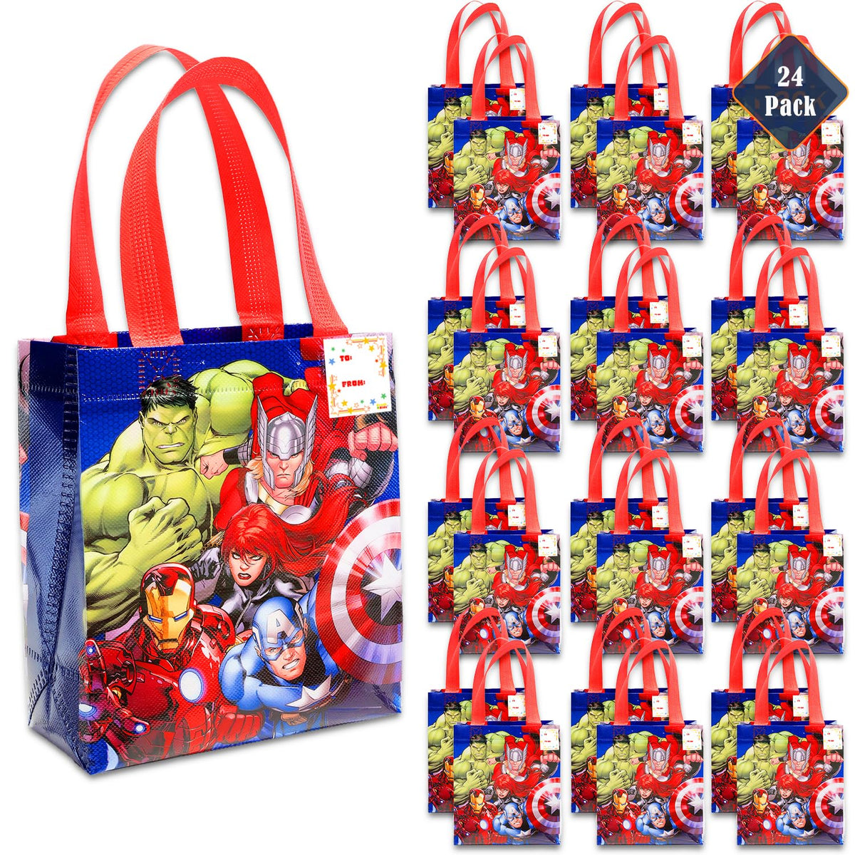 Marvel Avengers party favor bags with colorful superhero artwork for kids' loot bags