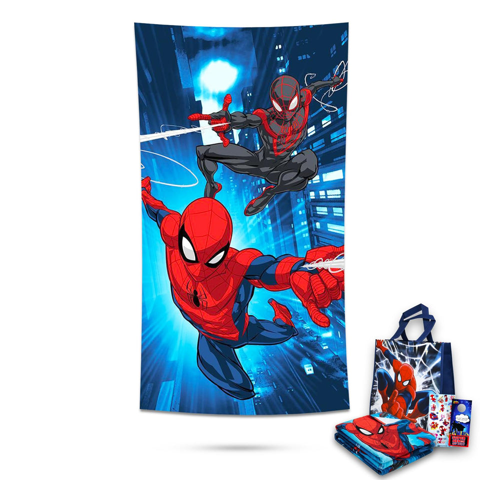 Marvel Spiderman towel 27x54 close-up shows plush microfiber for bath or pool time.