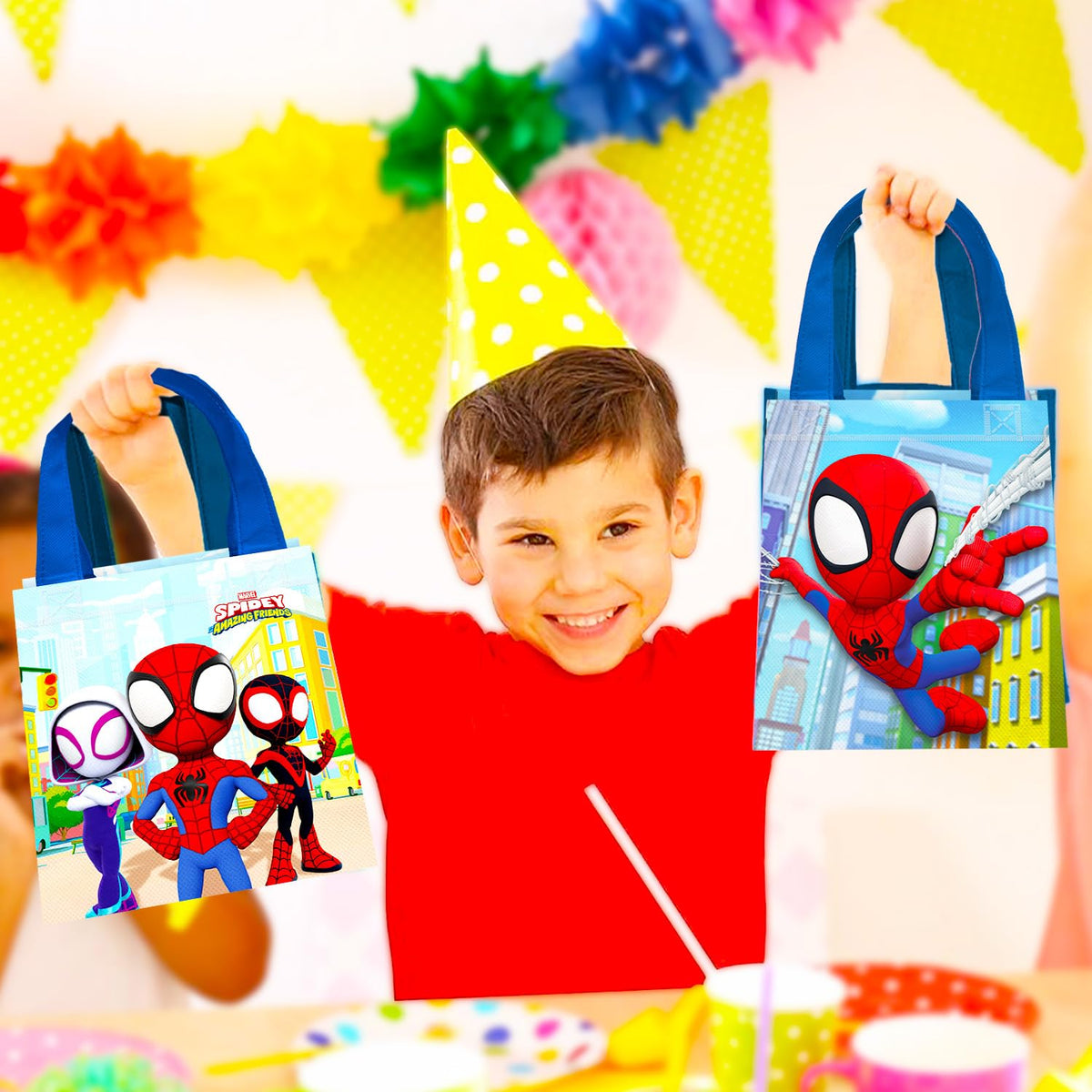 Marvel characters tote with bold Spidey designs, ideal for non-candy Halloween treats.