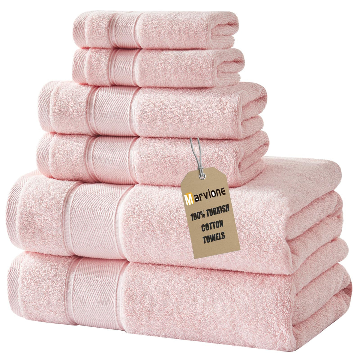 Marvione 6-piece pink bath towel set displayed on rack, plush and inviting for daily bathroom use.