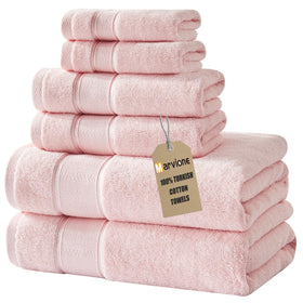 Marvione 6-piece pink bath towel set displayed on rack, plush and inviting for daily bathroom use.