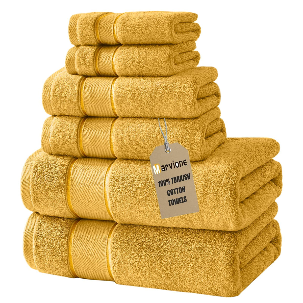 Marvione 6-piece gold bath towel set folded for elegant display and cozy vibes.
