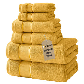 Marvione 6-piece gold bath towel set folded for elegant display and cozy vibes.