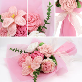Marvogo crochet bouquet in vase pink, ready to display.