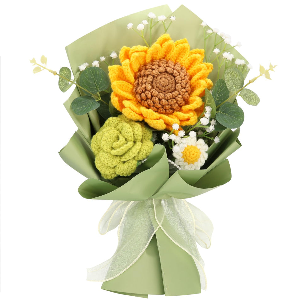 Marvogo crochet sunflowers bouquet in yellow and brown, long-lasting decorative gift.