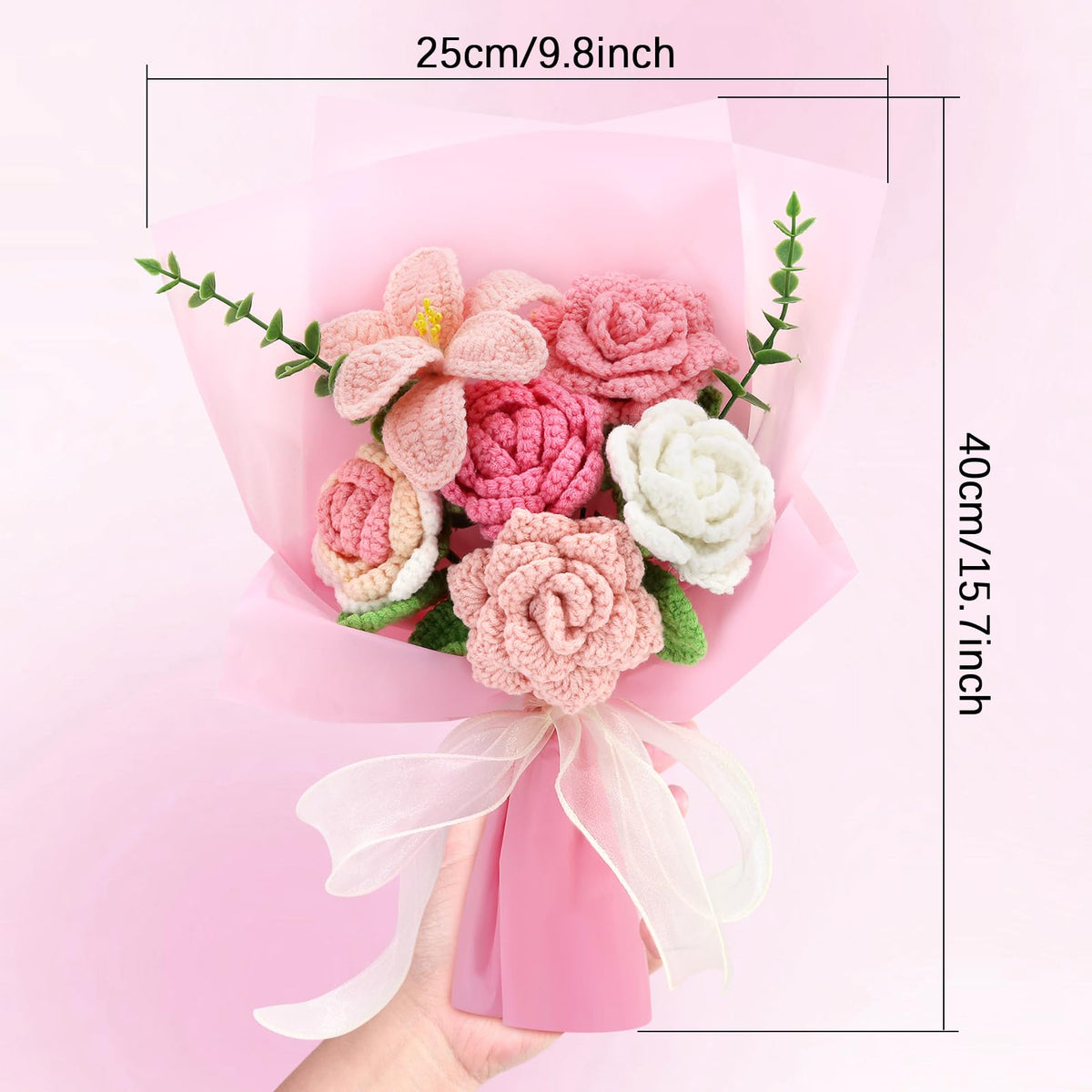 Marvogo roses crochet bouquet in pink, a long-lasting gift.