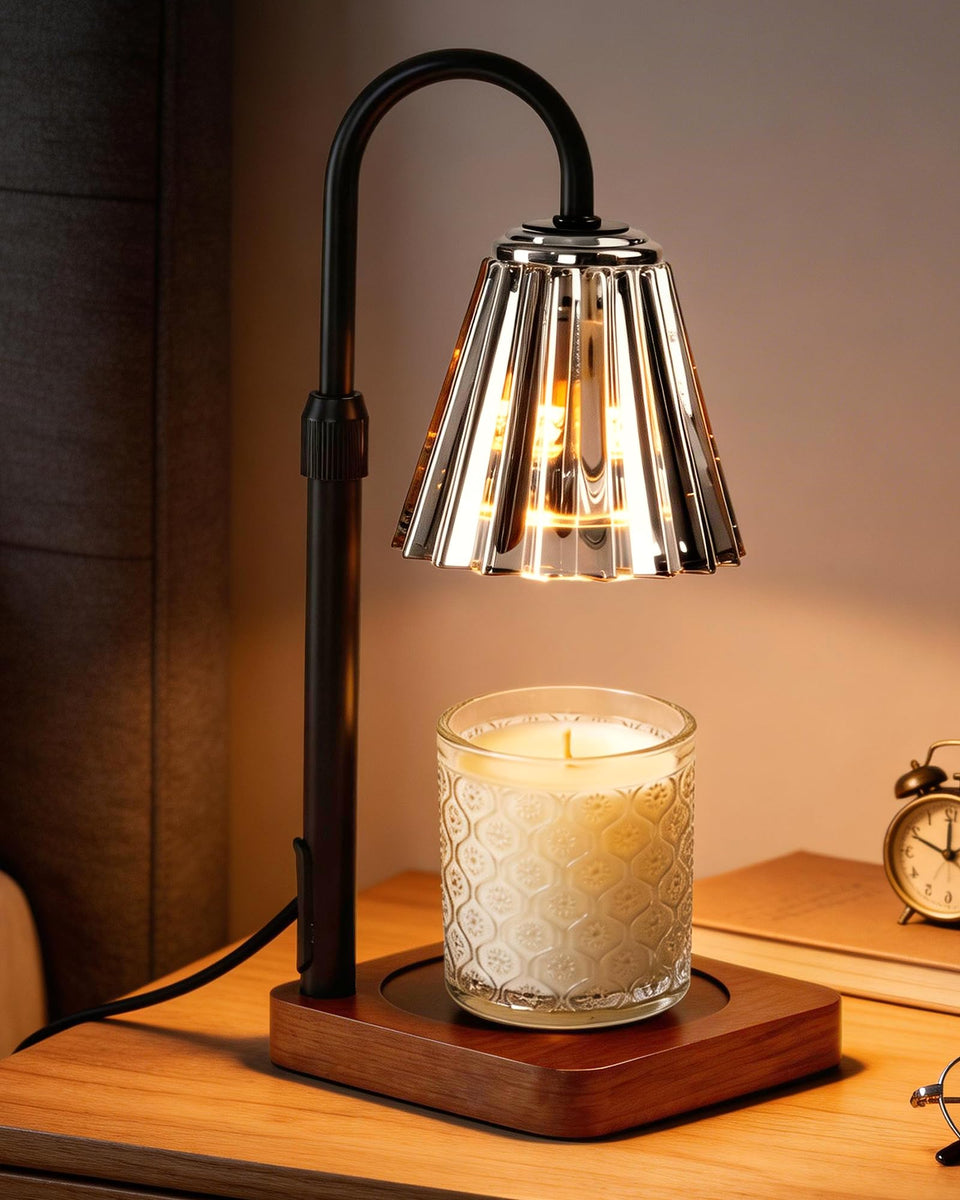 Marycele black candle warmer lamp front view with flameless diffusion.