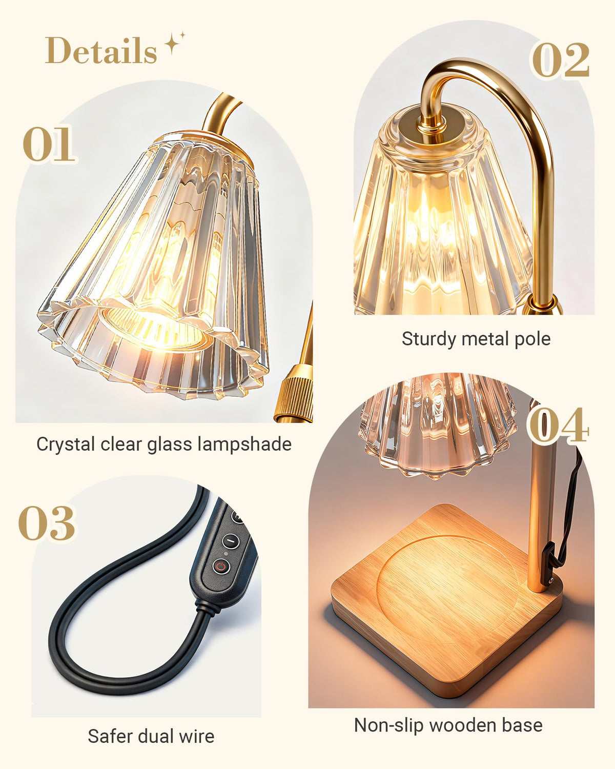 Marycele wooden base and gold body blend with vintage-inspired decor.