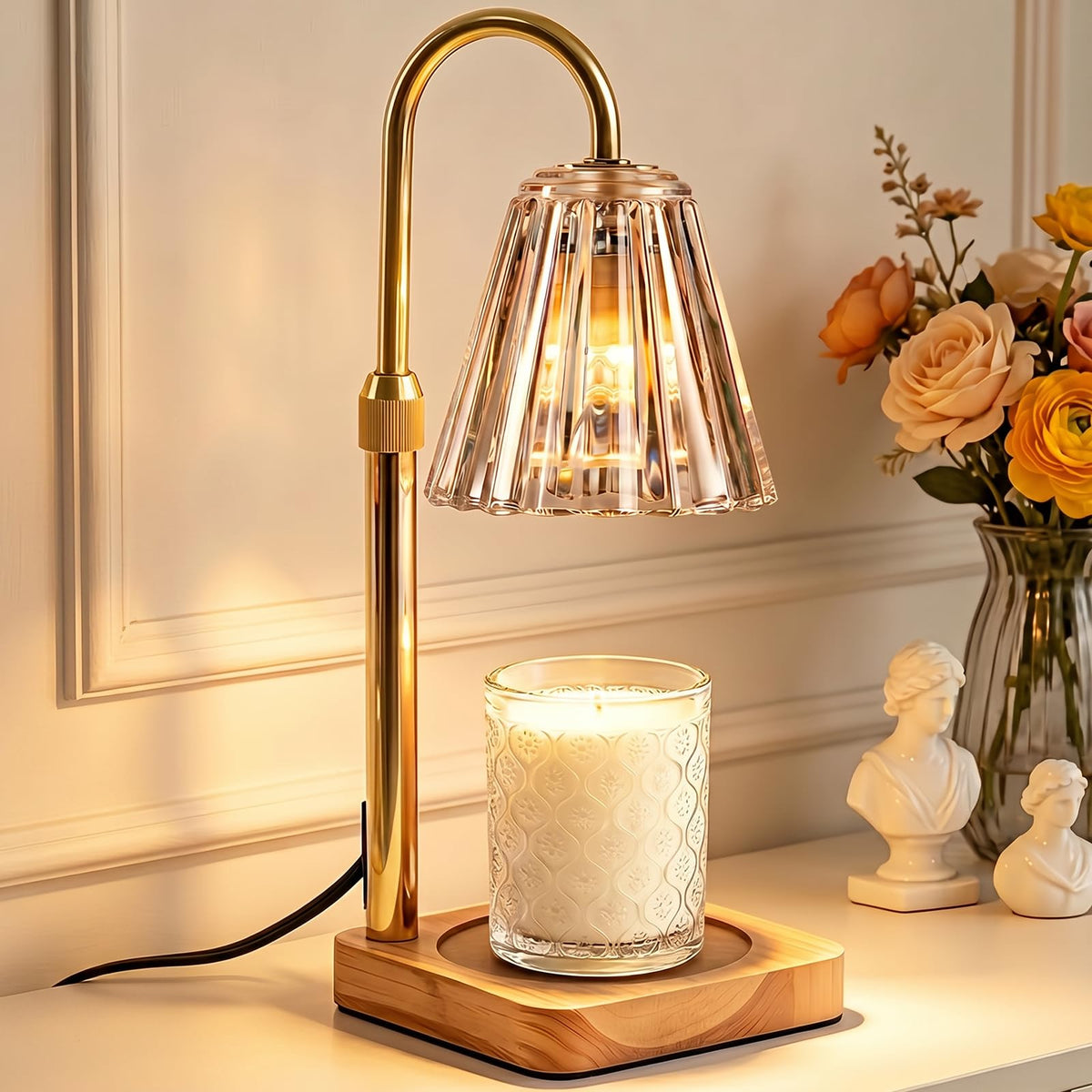 Marycele candle warmer lamp with wooden base for elegant, flameless fragrance in living spaces.