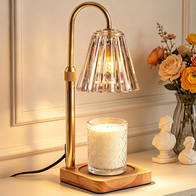 Marycele candle warmer lamp with wooden base for elegant, flameless fragrance in living spaces.
