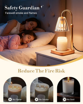 Marycele lamp with glass shade adds ambient glow while delivering uniform wax warmth.