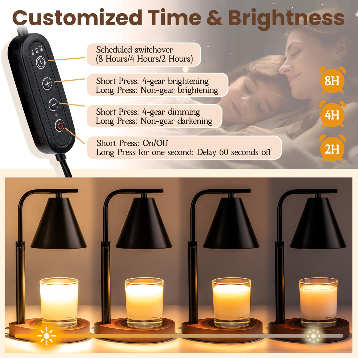 Marycele dimmable brightness control offers mood and melting speed options for any setting.