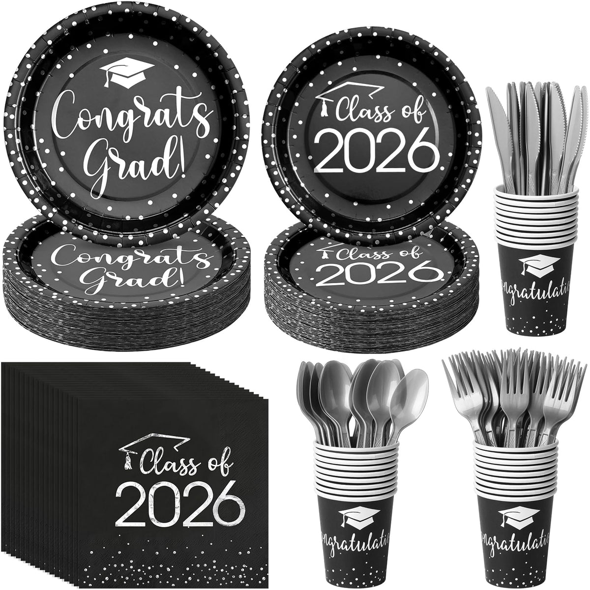 MASHAN 9-inch graduation plate in black and silver for an elegant Class of 2026 look.