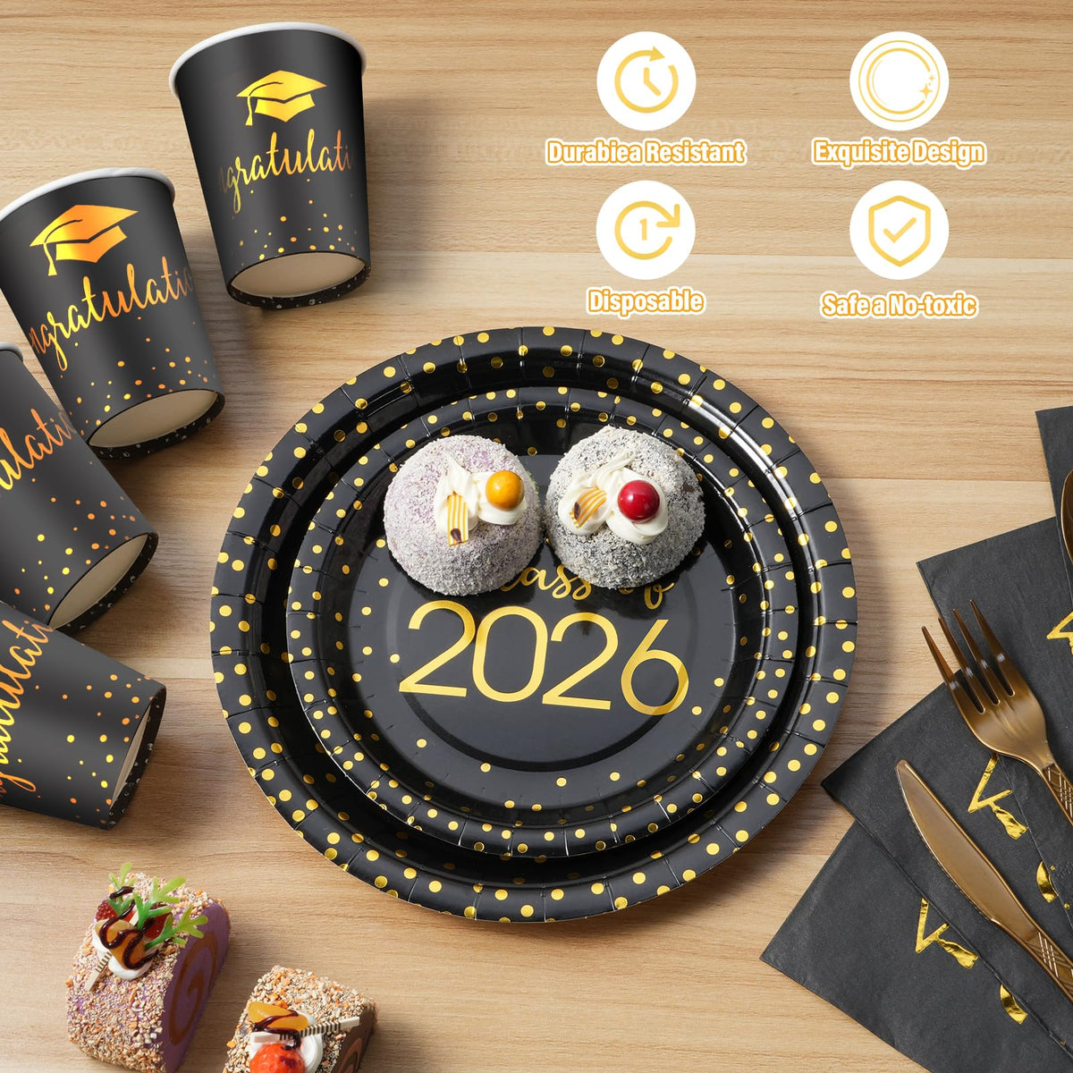 MASHAN graduation napkins in black gold complement polka dot theme