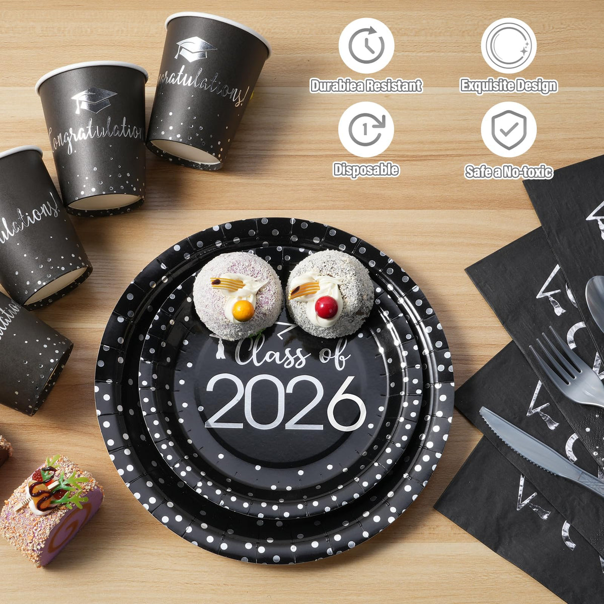 MASHAN graduation napkins in black and silver for cohesive table styling.