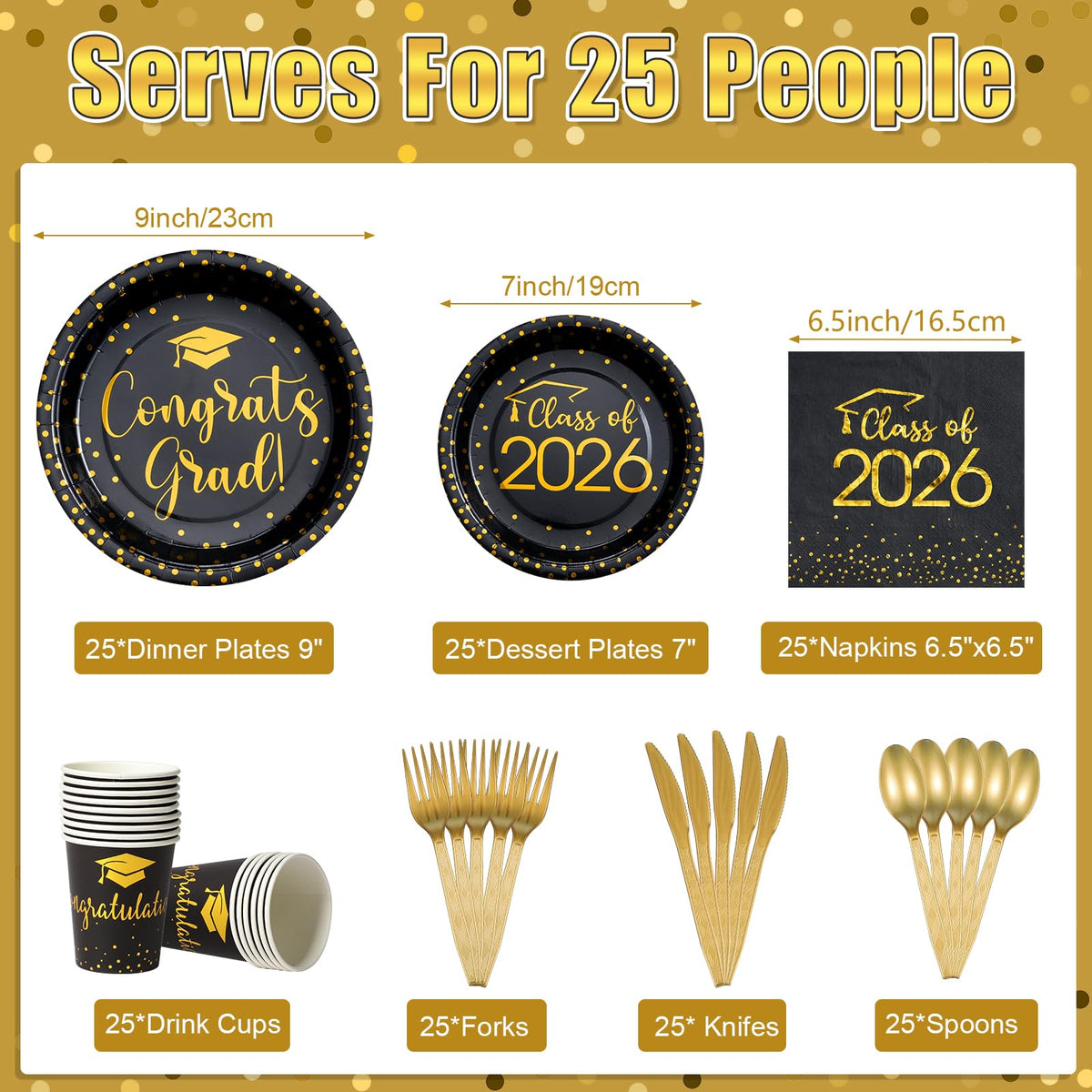 MASHAN Class of 2026 7-inch black gold plate for appetizers or dessert