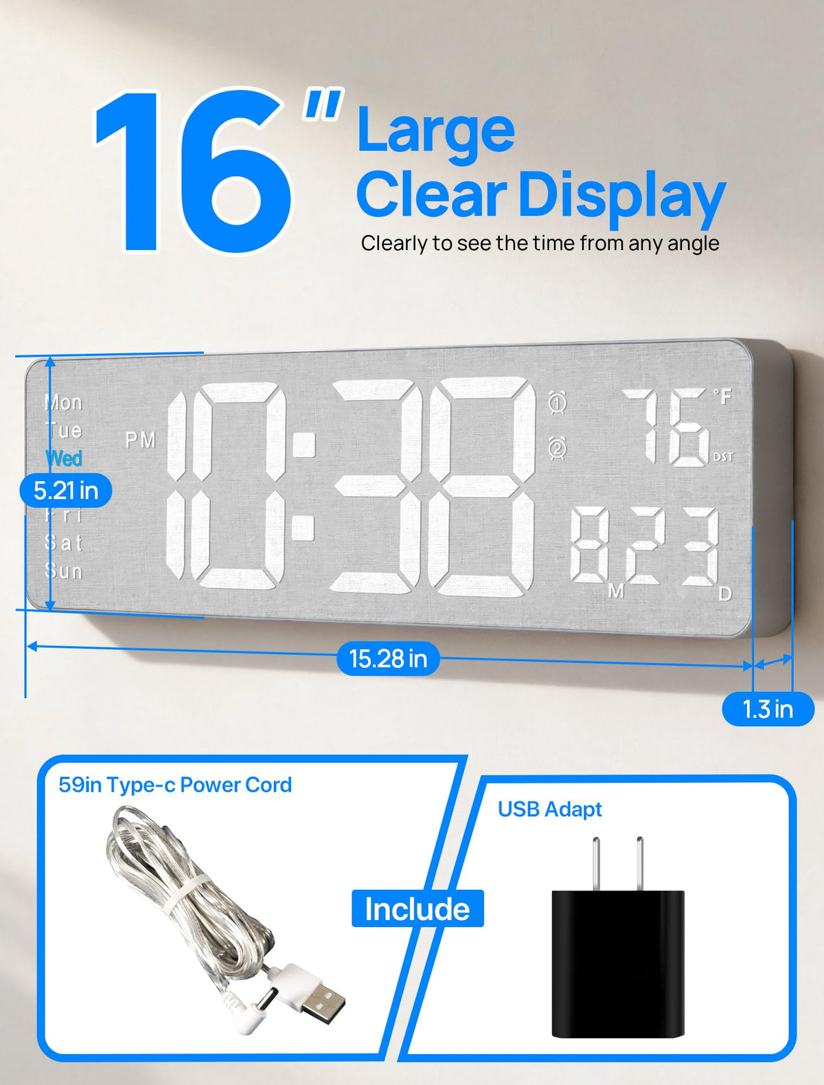MASHI 16-inch LED display shows time, date, day, and temperature clearly