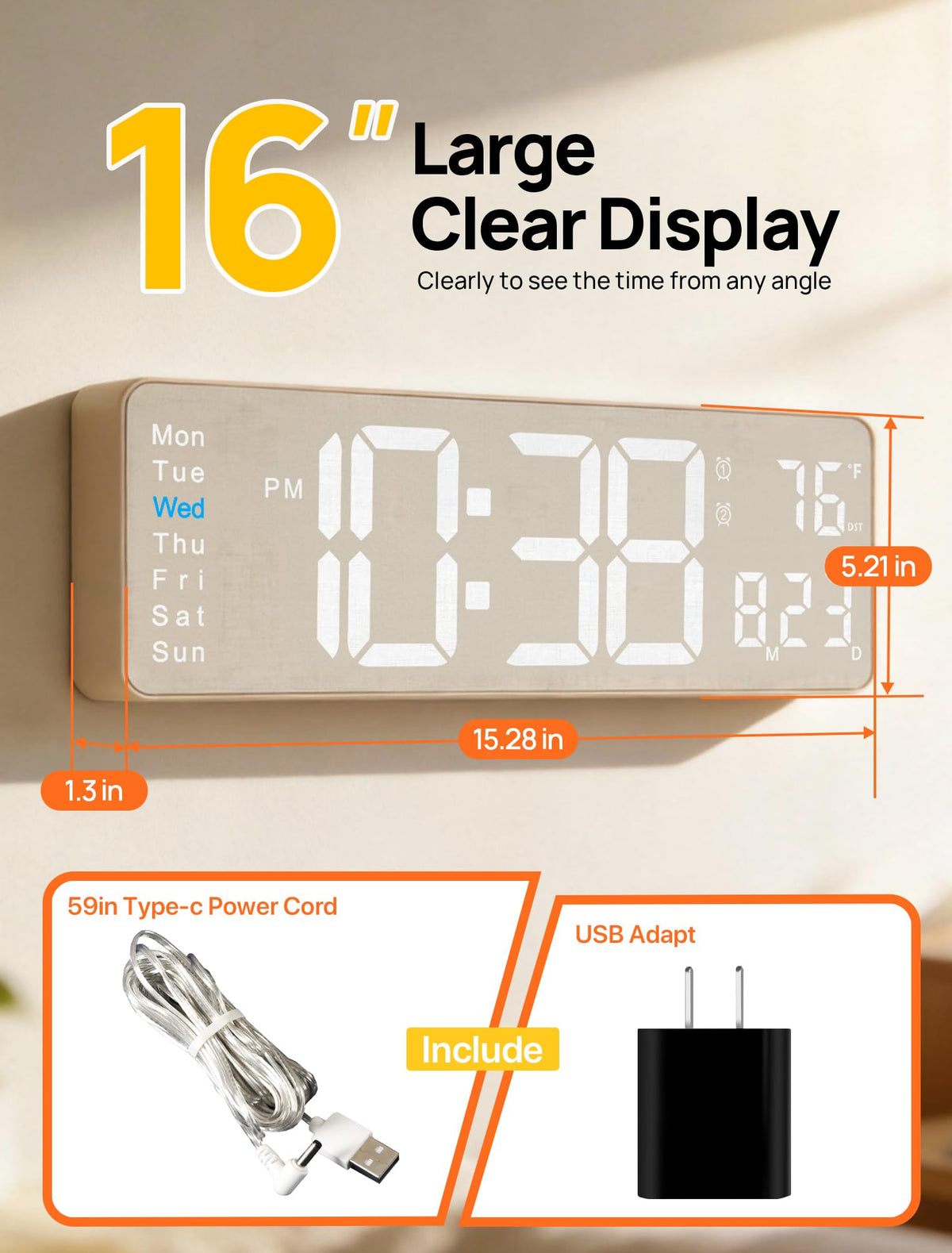 MASHI 16-inch LED display shows time, date, day, and temperature clearly.