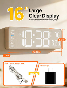 MASHI 16-inch LED display shows time, date, day, and temperature clearly.