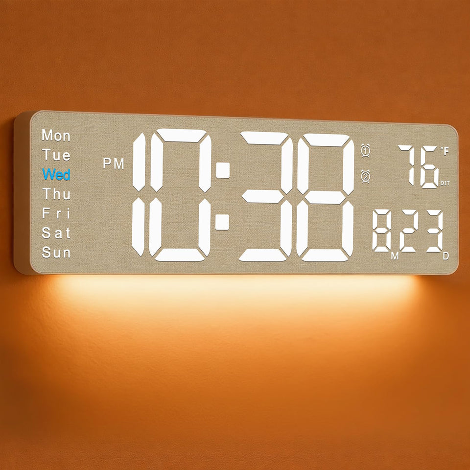 MASHI clock with fabric-textured face adds warm, tactile wall art.