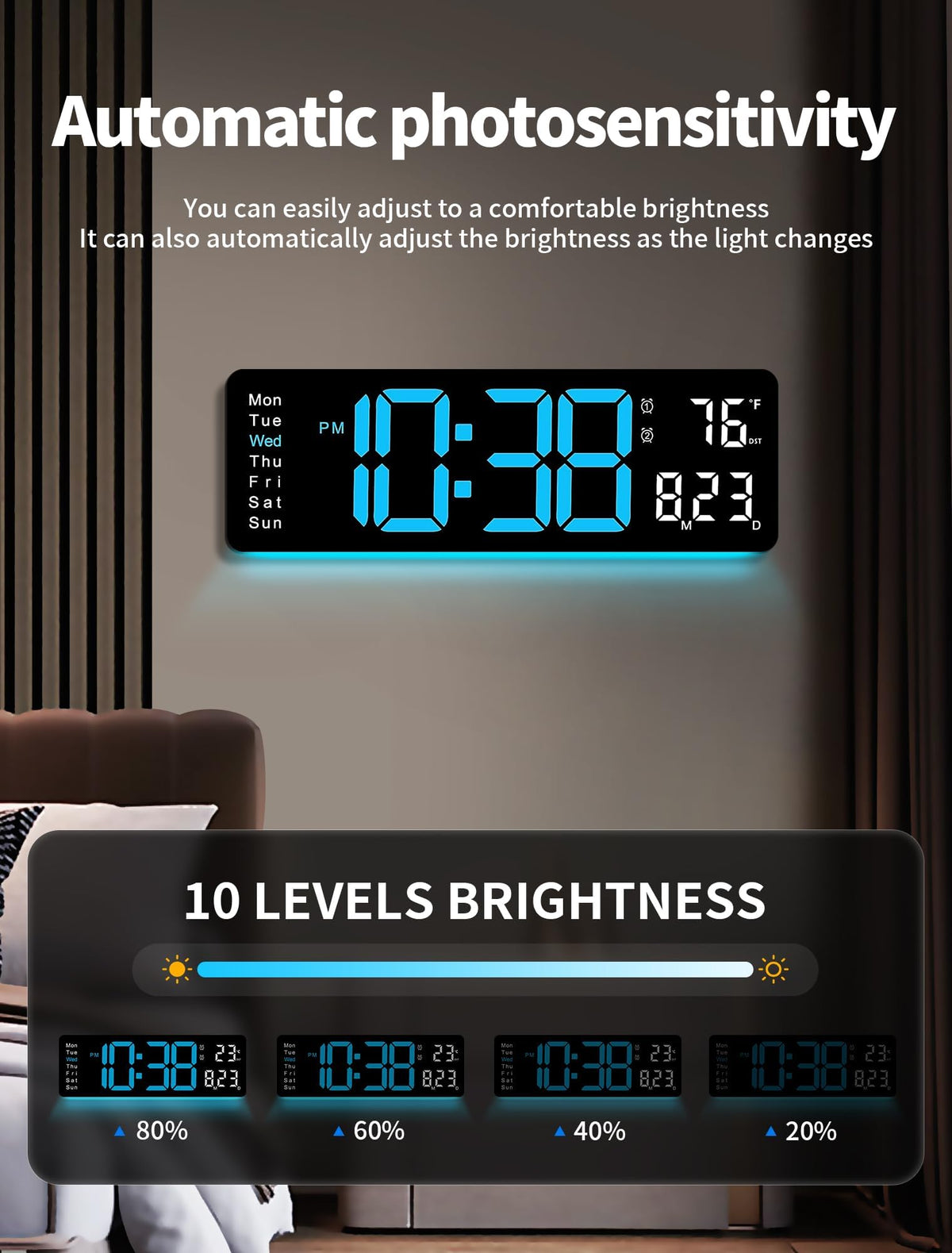 MASHI clock auto-DST and brightness adjust for comfortable viewing