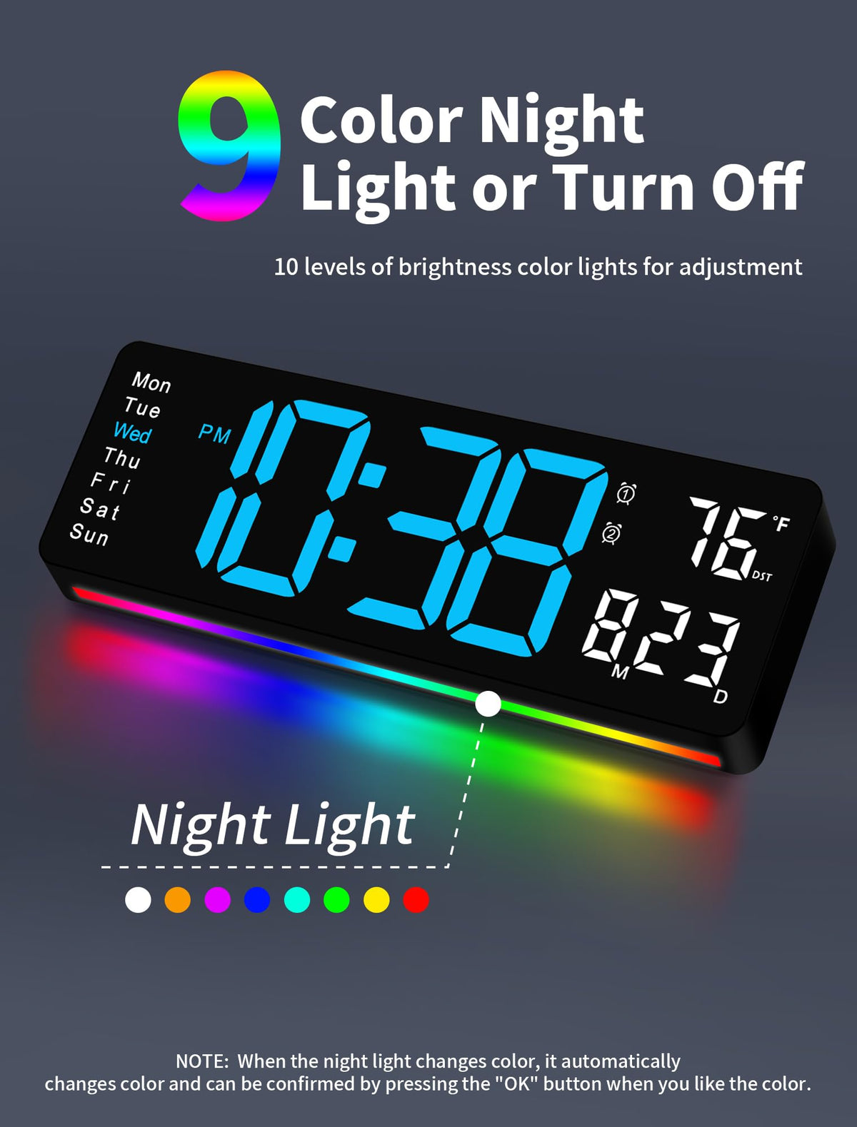 MASHI wall clock night light with eight colors creates a cozy ambience