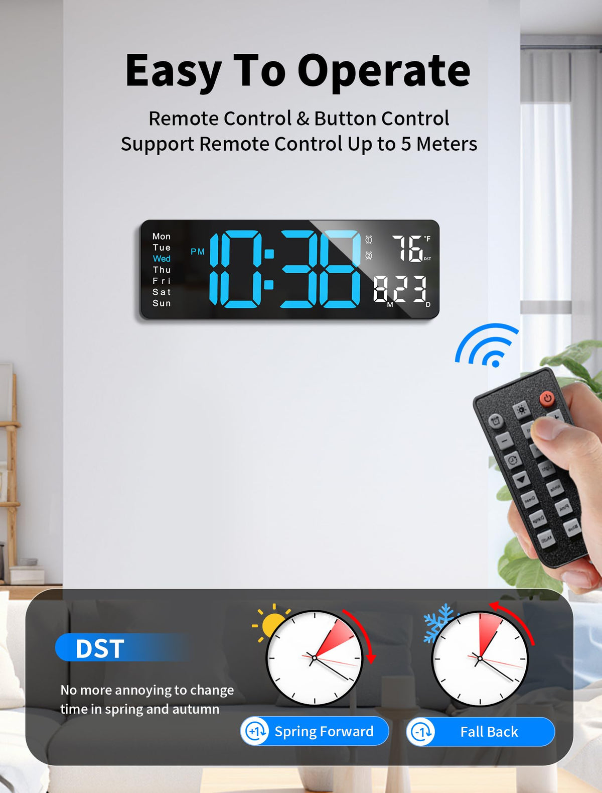 MASHI wall clock uses 5V/2A adapter with an 11.5 ft cord