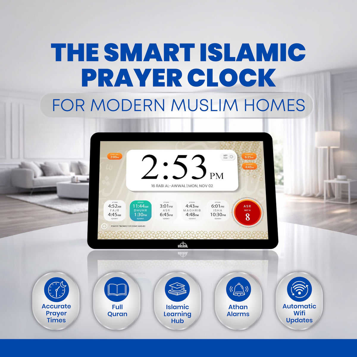 Masjidal WiFi setup illustration enables easy worldwide updates and cloud prayer times.