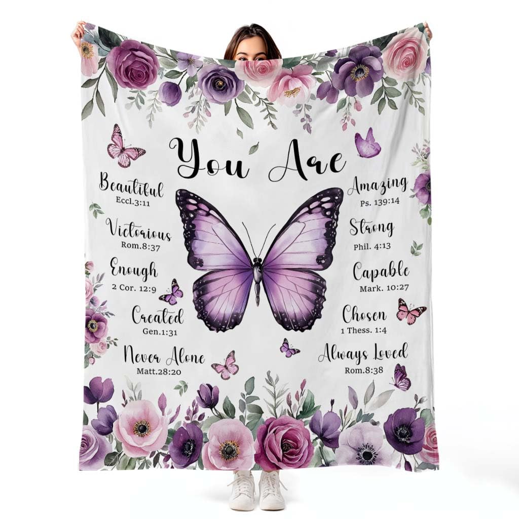 MASLEK Purple Butterfly Floral Blanket front view showcases vibrant design for cozy decor.