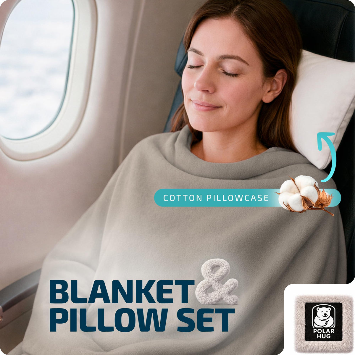 Compact foldable MasterManner airplane blanket designed for easy packing.