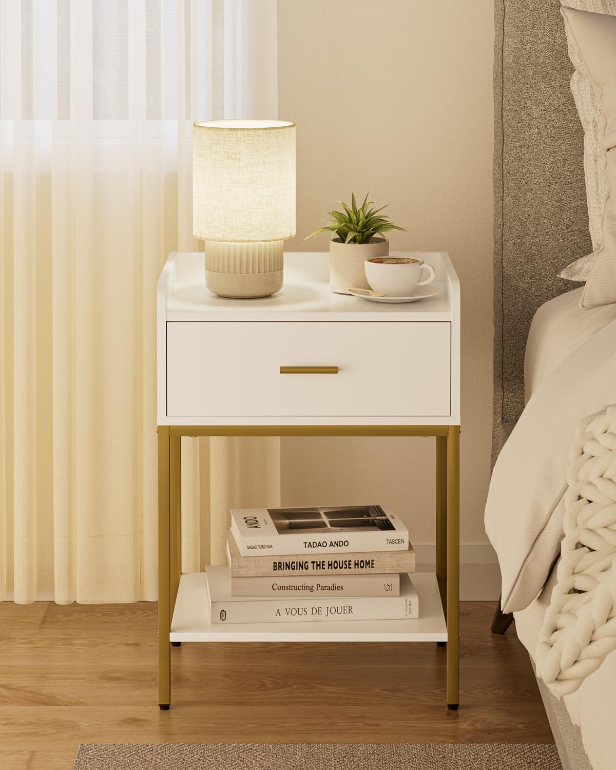 Masupu nightstand front view with 3-tier design offers organized bedside storage for remotes and glasses.