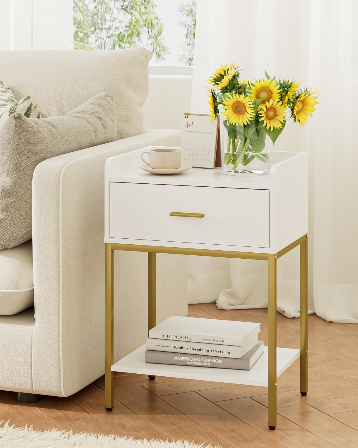 Masupu nightstand in a cozy bedroom setting boosts organization and style.