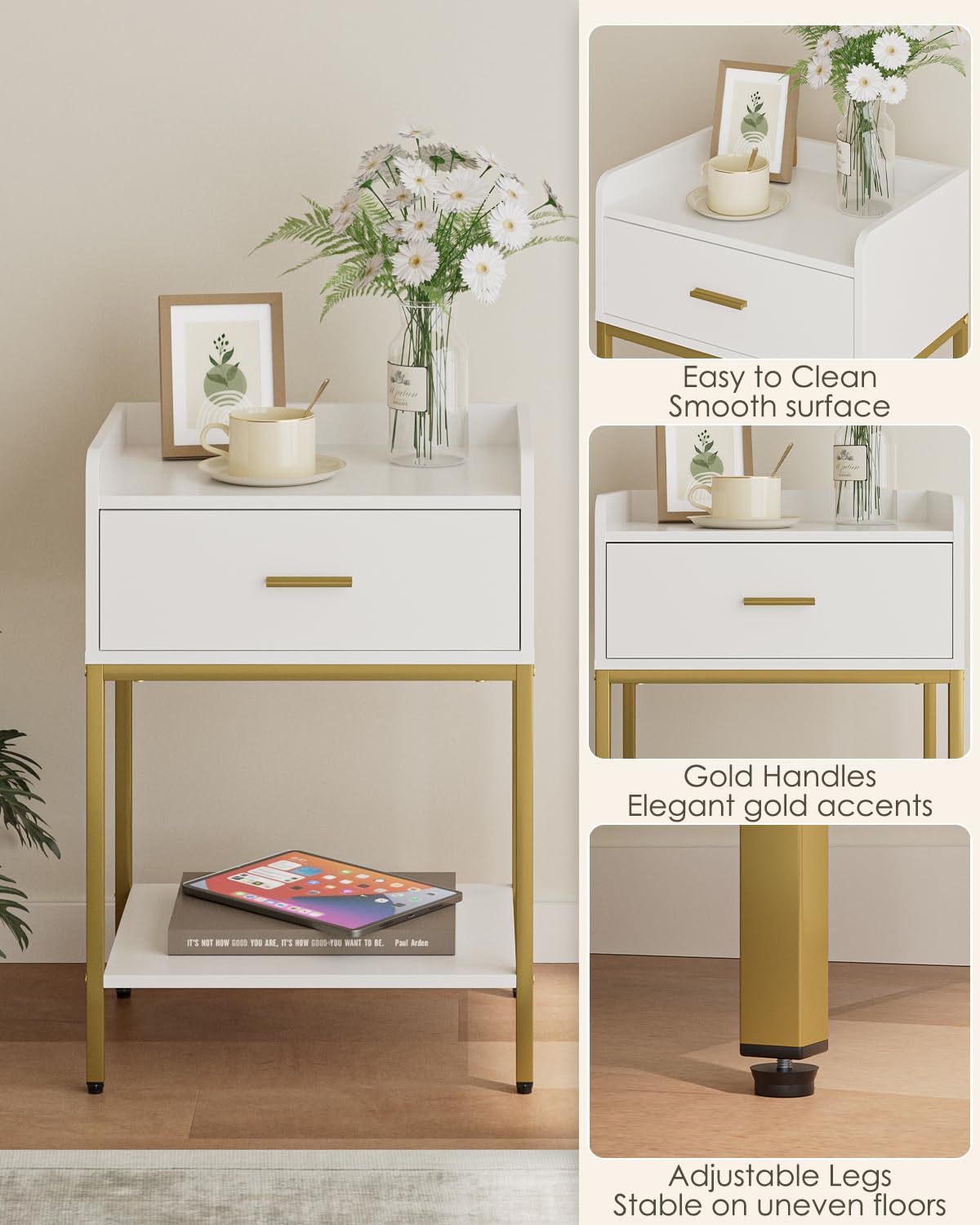 Masupu bottom shelf provides extra storage for books or magazines.