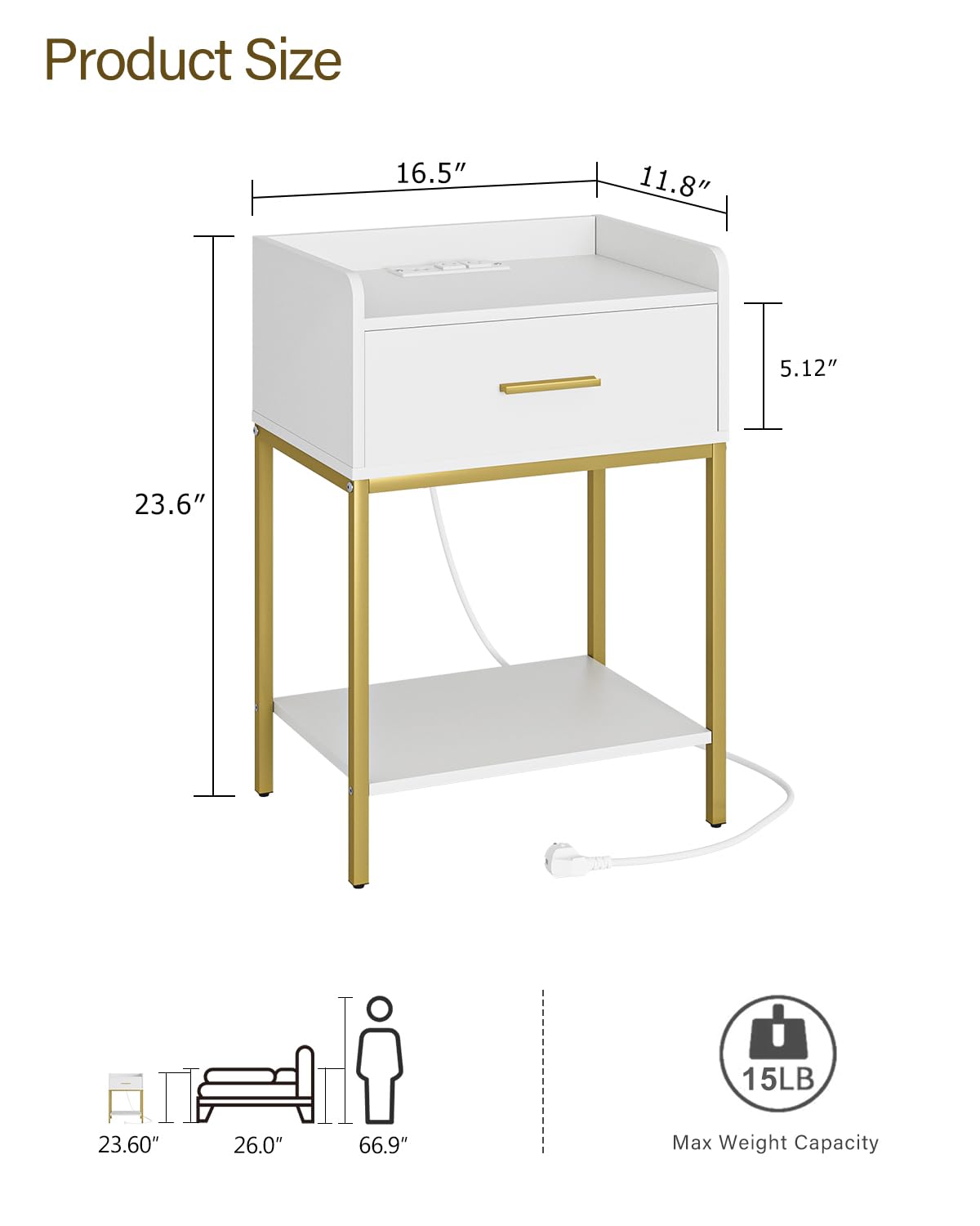 Masupu nightstand with gold frame complements modern decor and durable legs.