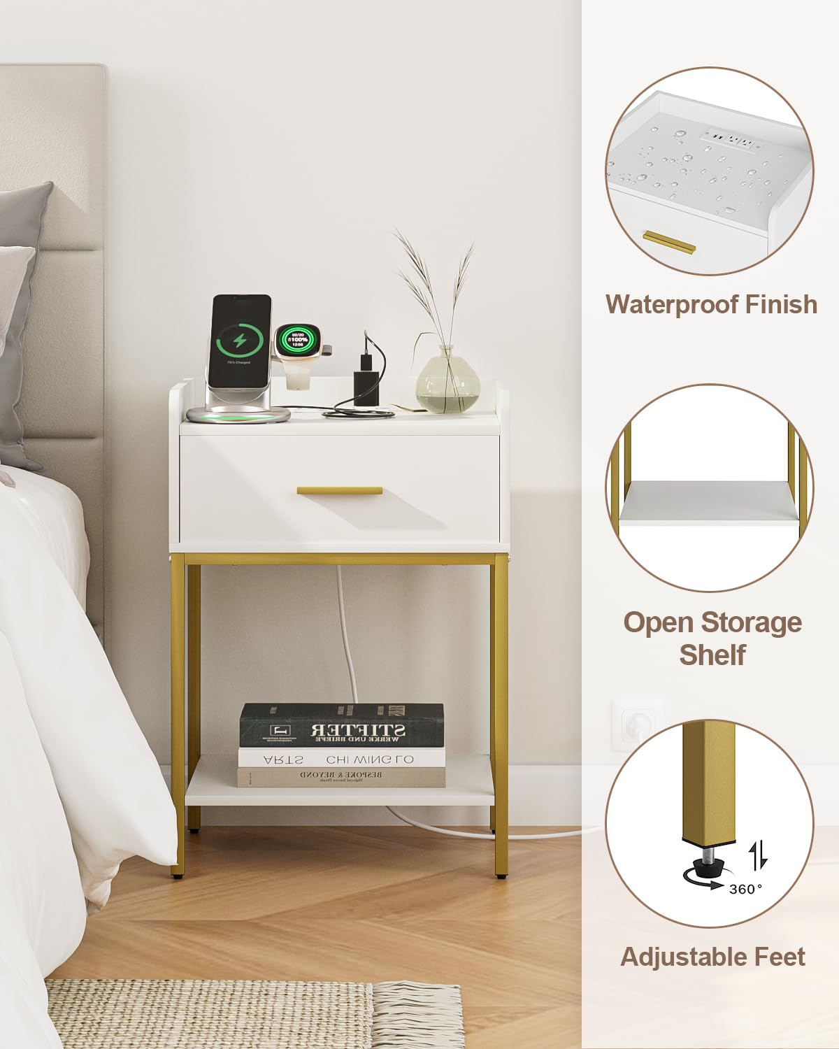 Masupu nightstand MDF build with gold legs for quality.
