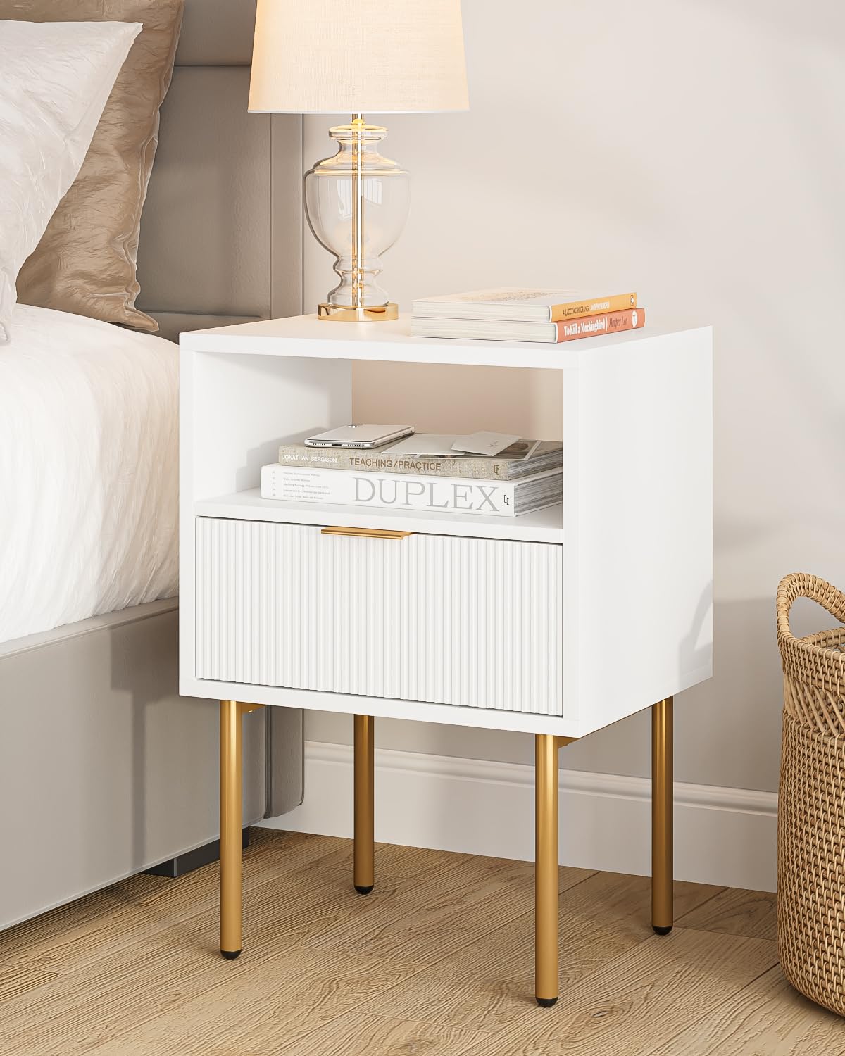Masupu nightstand with balance drawer enhances bedroom storage and style.
