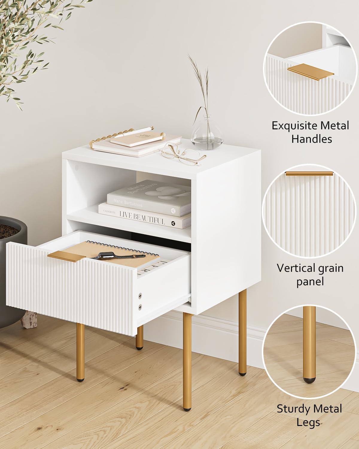 Masupu nightstand open wood shelf keeps essentials within easy reach.