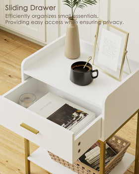 Masupu nightstand side view demonstrates compact profile ideal for snug bedroom corners.