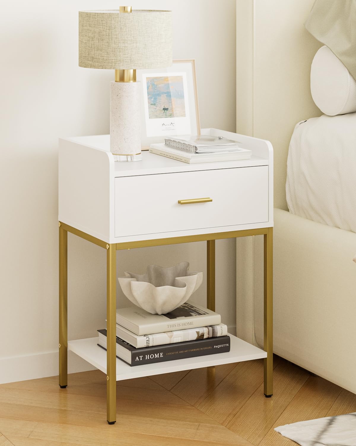 Masupu nightstand drawer closeup shows smooth glide and ample space.