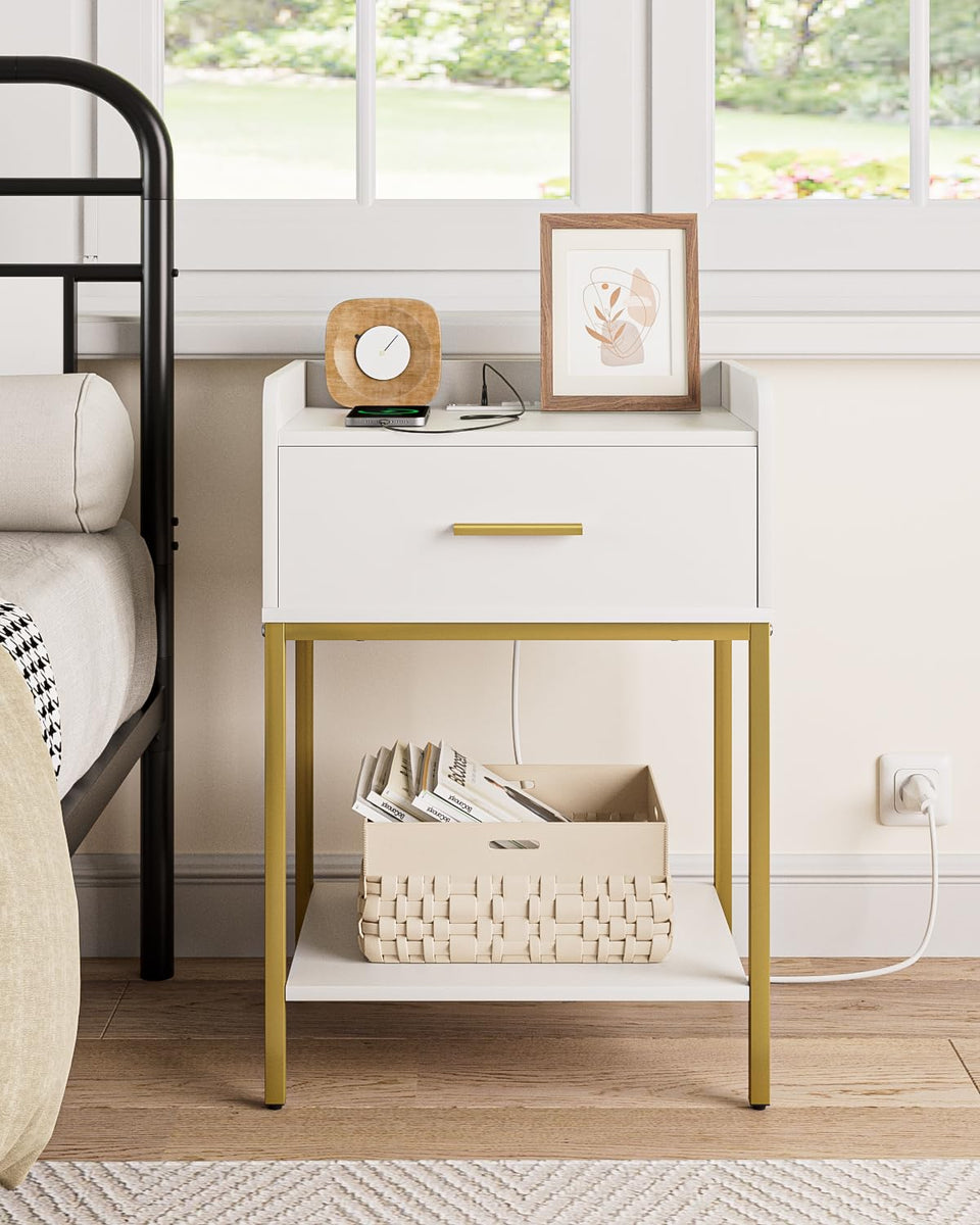 Masupu nightstand with white drawer and shelf for organized bedside storage.