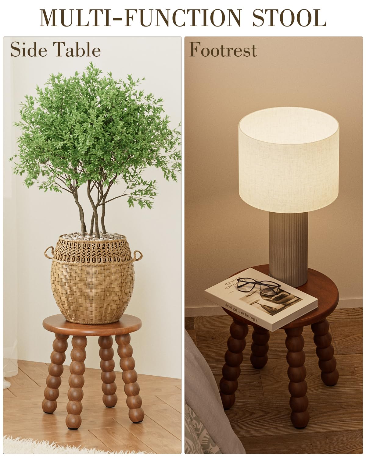 Masupu stool in living room setup, serving as plant stand and decor accent.